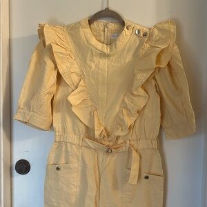 The Truffle Yellow jumpsuit ruffles puff sleeve belted medium